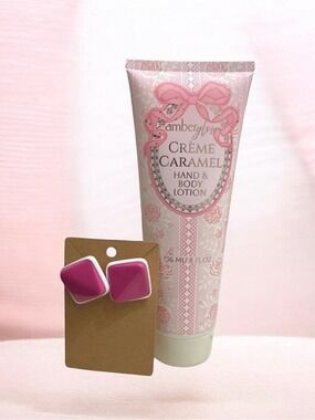 Amber Glow Crème Caramel Hand & Body Lotion (8 oz) & Pink Geometric Earrings